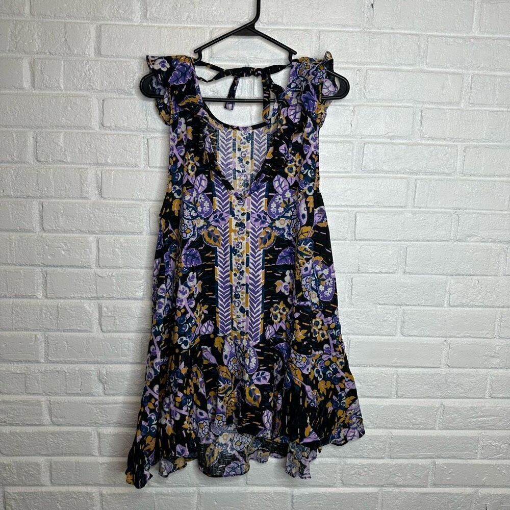 Free People‎ Tunic Summer In Tulum Purple Floral Linen Blend size Large - Picture 4 of 6